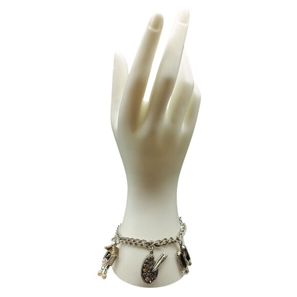 Vintage Silver-Tone Charm Bracelet w/ Art Palette Ballet Slippers & Cottage Char